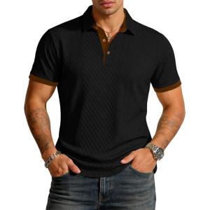 image:imageUOUA Mens Summer Short Sleeve Casual Polo Shirt Classic Button Textured Golf T Shirts Beach Vacation TopBlack