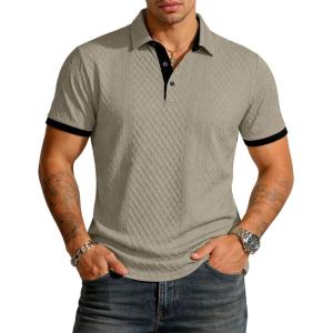 image:imageUOUA Mens Summer Short Sleeve Casual Polo Shirt Classic Button Textured Golf T Shirts Beach Vacation TopGreybeige