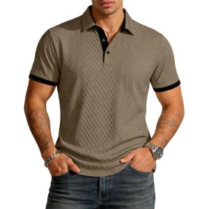image:imageUOUA Mens Summer Short Sleeve Casual Polo Shirt Classic Button Textured Golf T Shirts Beach Vacation TopKhaki