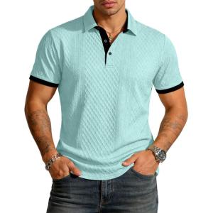 image:imageUOUA Mens Summer Short Sleeve Casual Polo Shirt Classic Button Textured Golf T Shirts Beach Vacation TopLightblue