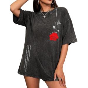 image:imageUOUA Women Oversized Graphic TShirt Casual Cotton Tees Printed Summer TopsWashed Roseblack