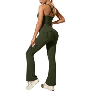 image:imageUOUA Womens 2 Piece Workout Sets Cami Racerback Tank Cargo Flare Leggings with Pockets Gym Yoga OutfitsArmy Green