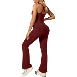 image:imageUOUA Womens 2 Piece Workout Sets Cami Racerback Tank Cargo Flare Leggings with Pockets Gym Yoga OutfitsDark Red