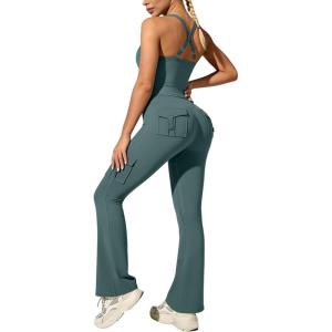 image:imageUOUA Womens 2 Piece Workout Sets Cami Racerback Tank Cargo Flare Leggings with Pockets Gym Yoga OutfitsGrey Blue