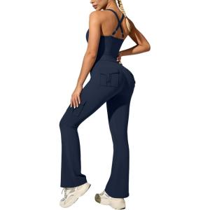 image:imageUOUA Womens 2 Piece Workout Sets Cami Racerback Tank Cargo Flare Leggings with Pockets Gym Yoga OutfitsNavy Blue