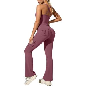 image:imageUOUA Womens 2 Piece Workout Sets Cami Racerback Tank Cargo Flare Leggings with Pockets Gym Yoga OutfitsPink