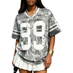 image:imageUOUA Womens Jersey Y2k Baggy Shirts Number Graphic Tees Oversized V Neck Tshirts Streetwear TopsGreyleaves