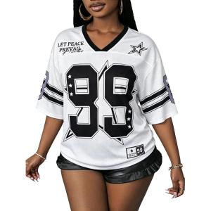 image:imageUOUA Womens Jersey Y2k Baggy Shirts Number Graphic Tees Oversized V Neck Tshirts Streetwear TopsWhite