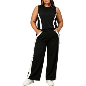 image:imageUOUA Womens Plus Size 2 Piece Outfit Summer Casual Lounge Set Sleeveless Tank Top Wide Leg Pants Travel Vacation ClothingBlack