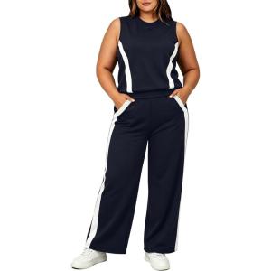 image:imageUOUA Womens Plus Size 2 Piece Outfit Summer Casual Lounge Set Sleeveless Tank Top Wide Leg Pants Travel Vacation ClothingNavy