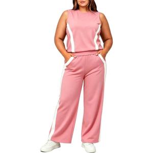 image:imageUOUA Womens Plus Size 2 Piece Outfit Summer Casual Lounge Set Sleeveless Tank Top Wide Leg Pants Travel Vacation ClothingPink
