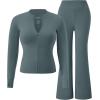 image:imageUOUA Womens 2 Piece Set Long Sleeve Jacket amp Ankle Length Workout Flare Leggings Casual Matching Outfit Tracksuit Sweatsuit28 InseamGreyblue