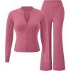 image:imageUOUA Womens 2 Piece Set Long Sleeve Jacket amp Ankle Length Workout Flare Leggings Casual Matching Outfit Tracksuit Sweatsuit28 InseamPink