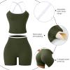 image:imageUOUA Womens Workout Set 2 Piece Gym Outfit High Waisted Tummy Control Shorts Halter Padded Sports Bra Tank Athletic Yoga WearArmygreen