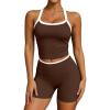 image:imageUOUA Womens Workout Set 2 Piece Gym Outfit High Waisted Tummy Control Shorts Halter Padded Sports Bra Tank Athletic Yoga WearBrown