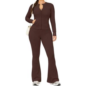 image:imageUOUA Womens 2 Piece Set Long Sleeve Jacket amp Ankle Length Workout Flare Leggings Casual Matching Outfit Tracksuit Sweatsuit28 InseamBrown