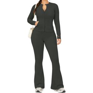 image:imageUOUA Womens 2 Piece Set Long Sleeve Jacket amp Ankle Length Workout Flare Leggings Casual Matching Outfit Tracksuit Sweatsuit28 InseamDarkgrey