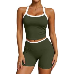 image:imageUOUA Womens Workout Set 2 Piece Gym Outfit High Waisted Tummy Control Shorts Halter Padded Sports Bra Tank Athletic Yoga WearArmygreen