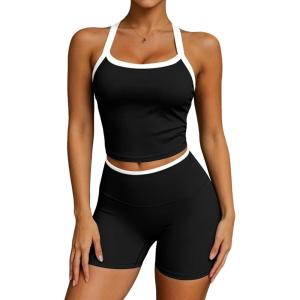 image:imageUOUA Womens Workout Set 2 Piece Gym Outfit High Waisted Tummy Control Shorts Halter Padded Sports Bra Tank Athletic Yoga WearBlack