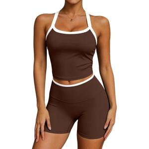 image:imageUOUA Womens Workout Set 2 Piece Gym Outfit High Waisted Tummy Control Shorts Halter Padded Sports Bra Tank Athletic Yoga WearBrown