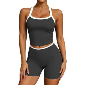 image:imageUOUA Womens Workout Set 2 Piece Gym Outfit High Waisted Tummy Control Shorts Halter Padded Sports Bra Tank Athletic Yoga WearDarkgrey