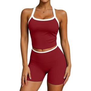 image:imageUOUA Womens Workout Set 2 Piece Gym Outfit High Waisted Tummy Control Shorts Halter Padded Sports Bra Tank Athletic Yoga WearDarkred