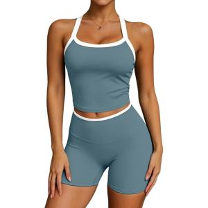 image:imageUOUA Womens Workout Set 2 Piece Gym Outfit High Waisted Tummy Control Shorts Halter Padded Sports Bra Tank Athletic Yoga WearGreyblue