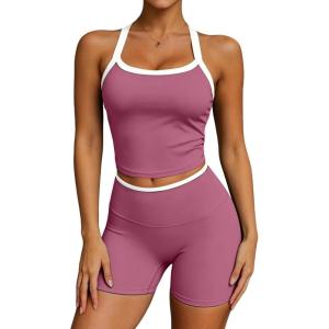 image:imageUOUA Womens Workout Set 2 Piece Gym Outfit High Waisted Tummy Control Shorts Halter Padded Sports Bra Tank Athletic Yoga WearPink