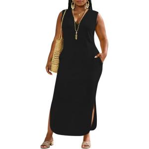 image:imageUOUA Women Summer Maxi Dresses Plus Size Casual Hawaiian Sundress Sleeveless Loose Split Beach Dress with PocketsVblack