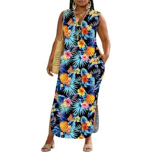 image:imageUOUA Women Summer Maxi Dresses Plus Size Casual Hawaiian Sundress Sleeveless Loose Split Beach Dress with PocketsVpineapple Floral