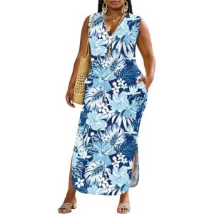 image:imageUOUA Women Summer Maxi Dresses Plus Size Casual Hawaiian Sundress Sleeveless Loose Split Beach Dress with PocketsVsummer Blue