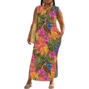 image:imageUOUA Women Summer Maxi Dresses Plus Size Casual Hawaiian Sundress Sleeveless Loose Split Beach Dress with PocketsVtropical Leopard