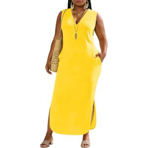 image:imageUOUA Women Summer Maxi Dresses Plus Size Casual Hawaiian Sundress Sleeveless Loose Split Beach Dress with PocketsVyellow