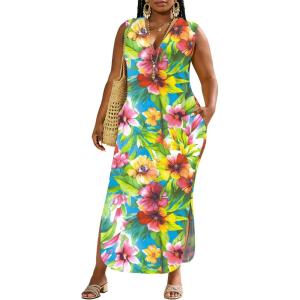 image:imageUOUA Women Summer Maxi Dresses Plus Size Casual Hawaiian Sundress Sleeveless Loose Split Beach Dress with PocketsVyellow Pink