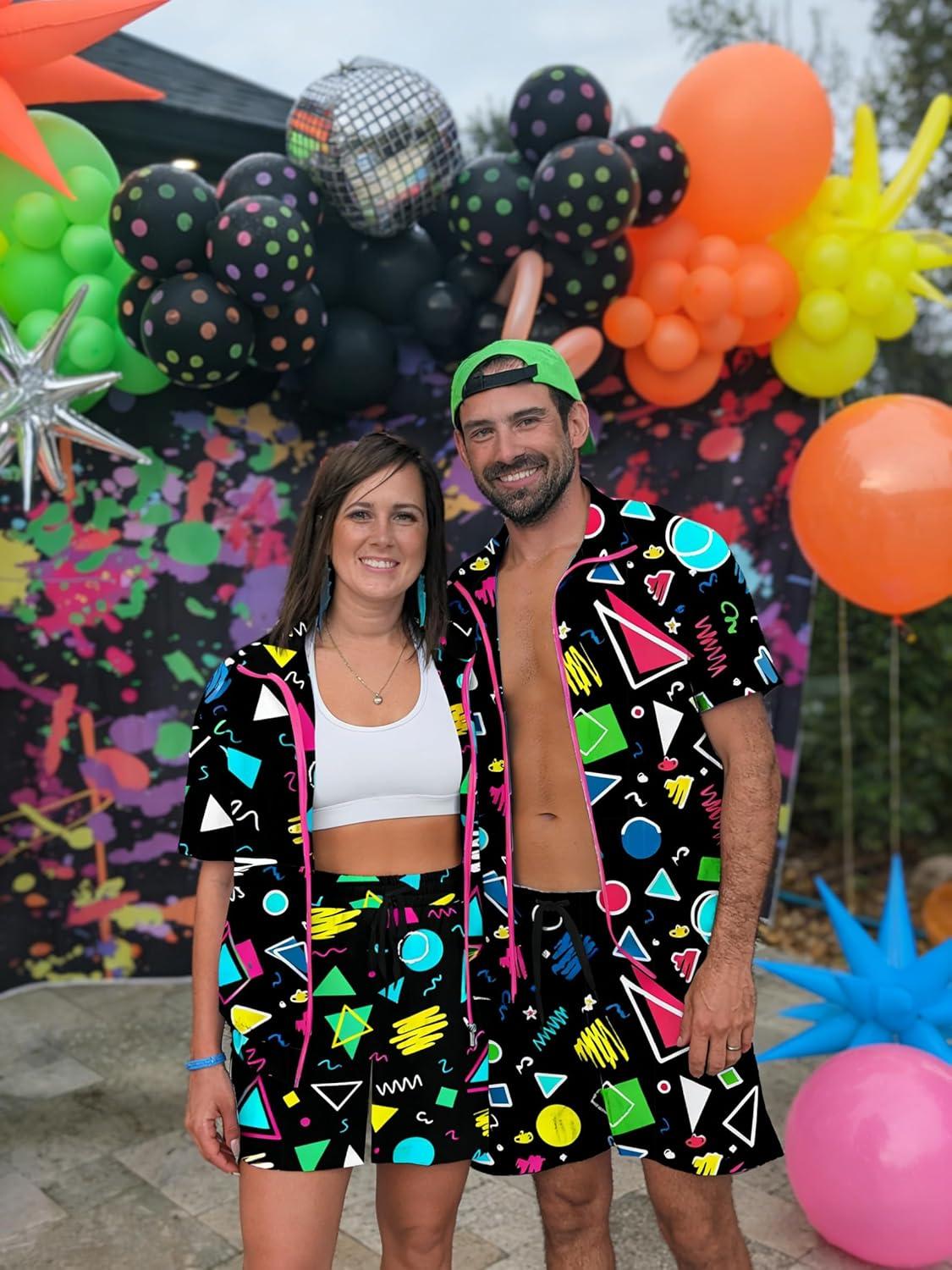 image:imageUOUA 80s Outfit for Men 90s Color Block Costumes 2 Piece Retro Short Sleeve Jacket amp Shorts Set for PartyBlackgraphic