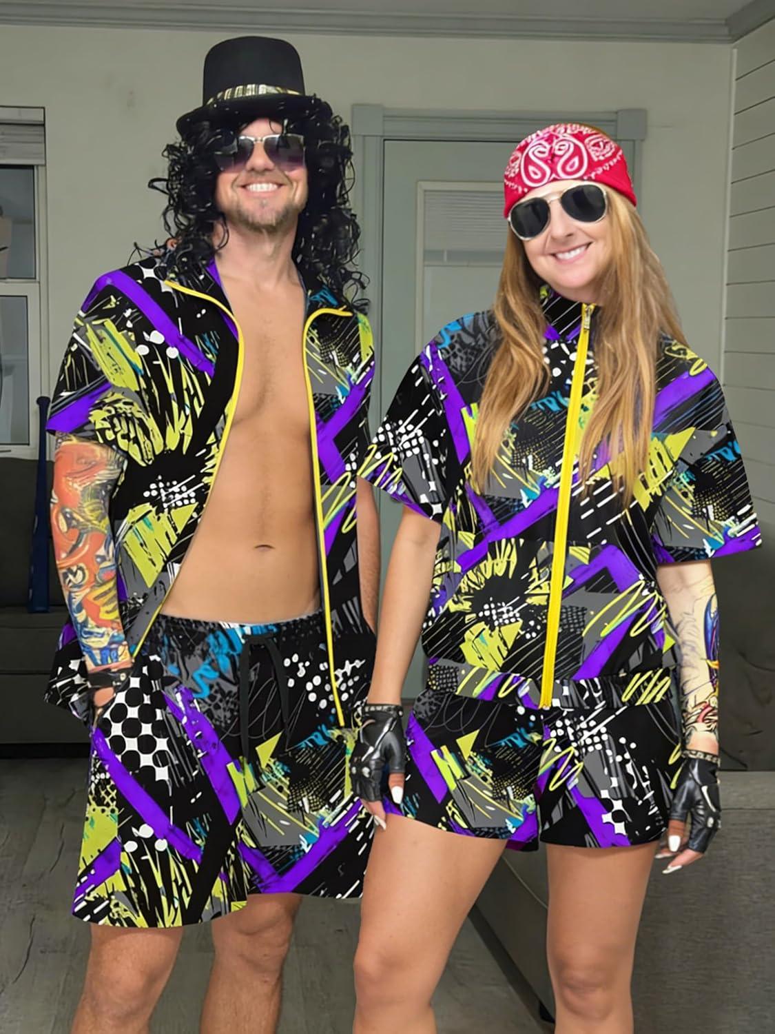 image:imageUOUA 80s Outfit for Men 90s Color Block Costumes 2 Piece Retro Short Sleeve Jacket amp Shorts Set for PartyGreyprint