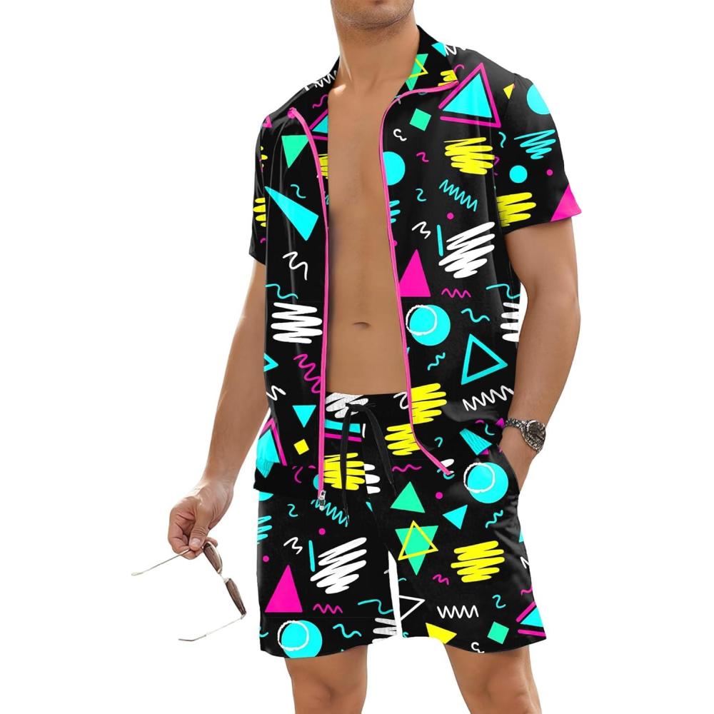 image:imageUOUA 80s Outfit for Men 90s Color Block Costumes 2 Piece Retro Short Sleeve Jacket amp Shorts Set for PartyBlackgraphic
