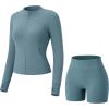 image:imageUOUA Womens Workout Set 2 Piece Gym Outfit Long Sleeve Zip Top Jacket High Waisted Tummy Control Shorts Athletic WearGreyblue