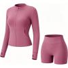 image:imageUOUA Womens Workout Set 2 Piece Gym Outfit Long Sleeve Zip Top Jacket High Waisted Tummy Control Shorts Athletic WearPink