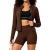 image:imageUOUA Womens Workout Set 2 Piece Gym Outfit Long Sleeve Zip Top Jacket High Waisted Tummy Control Shorts Athletic WearBrown