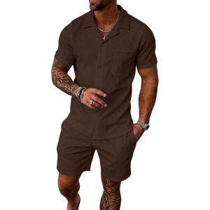 image:imageUOUA 2 Piece Short Sets for Men Summer Beach Outfits Stripe Texture Button Down Shirts amp Shorts Casual Vacation SetBrown