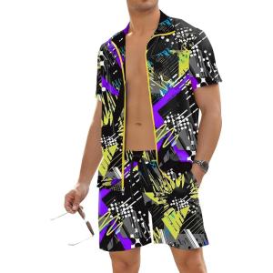 image:imageUOUA 80s Outfit for Men 90s Color Block Costumes 2 Piece Retro Short Sleeve Jacket amp Shorts Set for PartyGreyprint