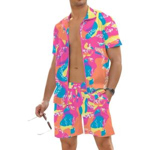 image:imageUOUA 80s Outfit for Men 90s Color Block Costumes 2 Piece Retro Short Sleeve Jacket amp Shorts Set for PartyPinkprint