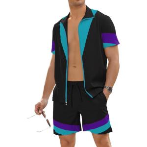 image:imageUOUA 80s Outfit for Men 90s Color Block Costumes 2 Piece Retro Short Sleeve Jacket amp Shorts Set for PartyPurpleblack
