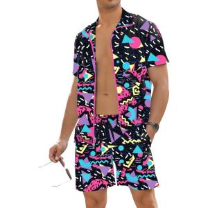 image:imageUOUA 80s Outfit for Men 90s Color Block Costumes 2 Piece Retro Short Sleeve Jacket amp Shorts Set for PartyRoseprint