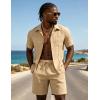 image:imageUOUA Mens 2 Piece Short Set Summer Texture Beach Outfits Short Sleeve Shirts and Shorts Casual Vacation SetsKhaki