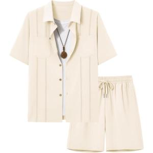 image:imageUOUA Mens 2 Piece Short Set Summer Texture Beach Outfits Short Sleeve Shirts and Shorts Casual Vacation SetsBeige