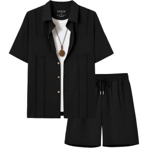 image:imageUOUA Mens 2 Piece Short Set Summer Texture Beach Outfits Short Sleeve Shirts and Shorts Casual Vacation SetsBlack