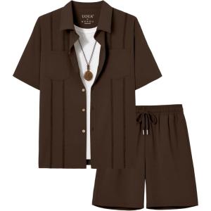 image:imageUOUA Mens 2 Piece Short Set Summer Texture Beach Outfits Short Sleeve Shirts and Shorts Casual Vacation SetsBrown