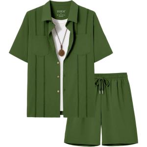 image:imageUOUA Mens 2 Piece Short Set Summer Texture Beach Outfits Short Sleeve Shirts and Shorts Casual Vacation SetsGreen